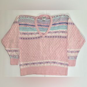 Vintage Fairy Kei Pink V Neck 80s Nordstrom Fair Isle Sweater Medium Cotton.
